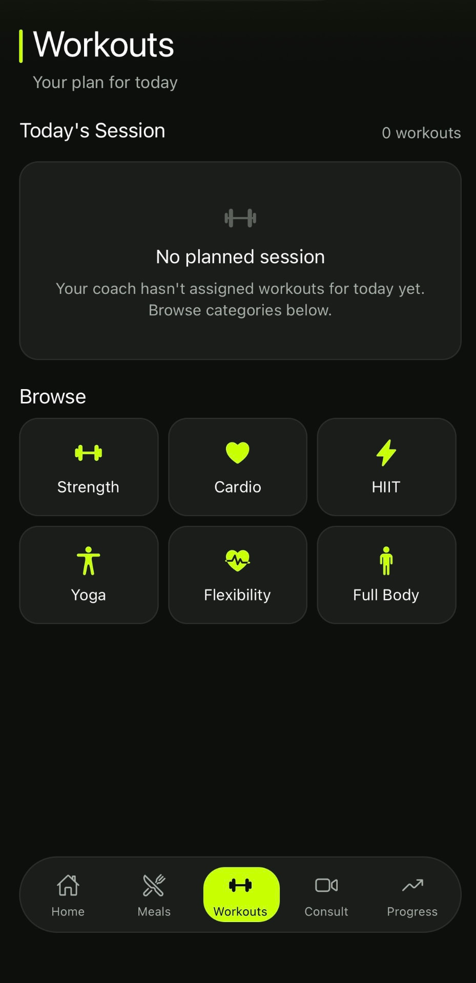 Elevate app workout plan screen