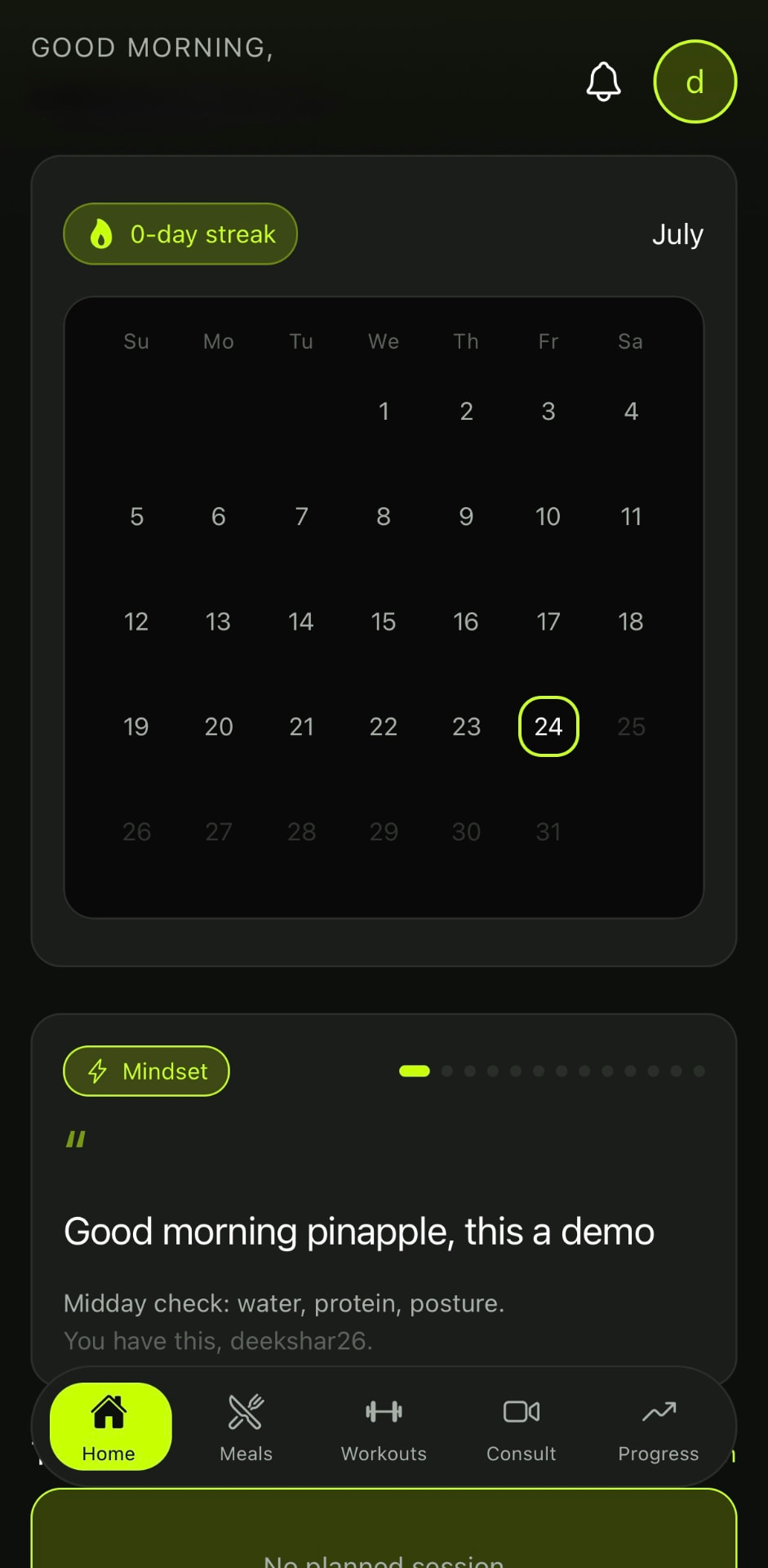 Elevate app home and activity screen