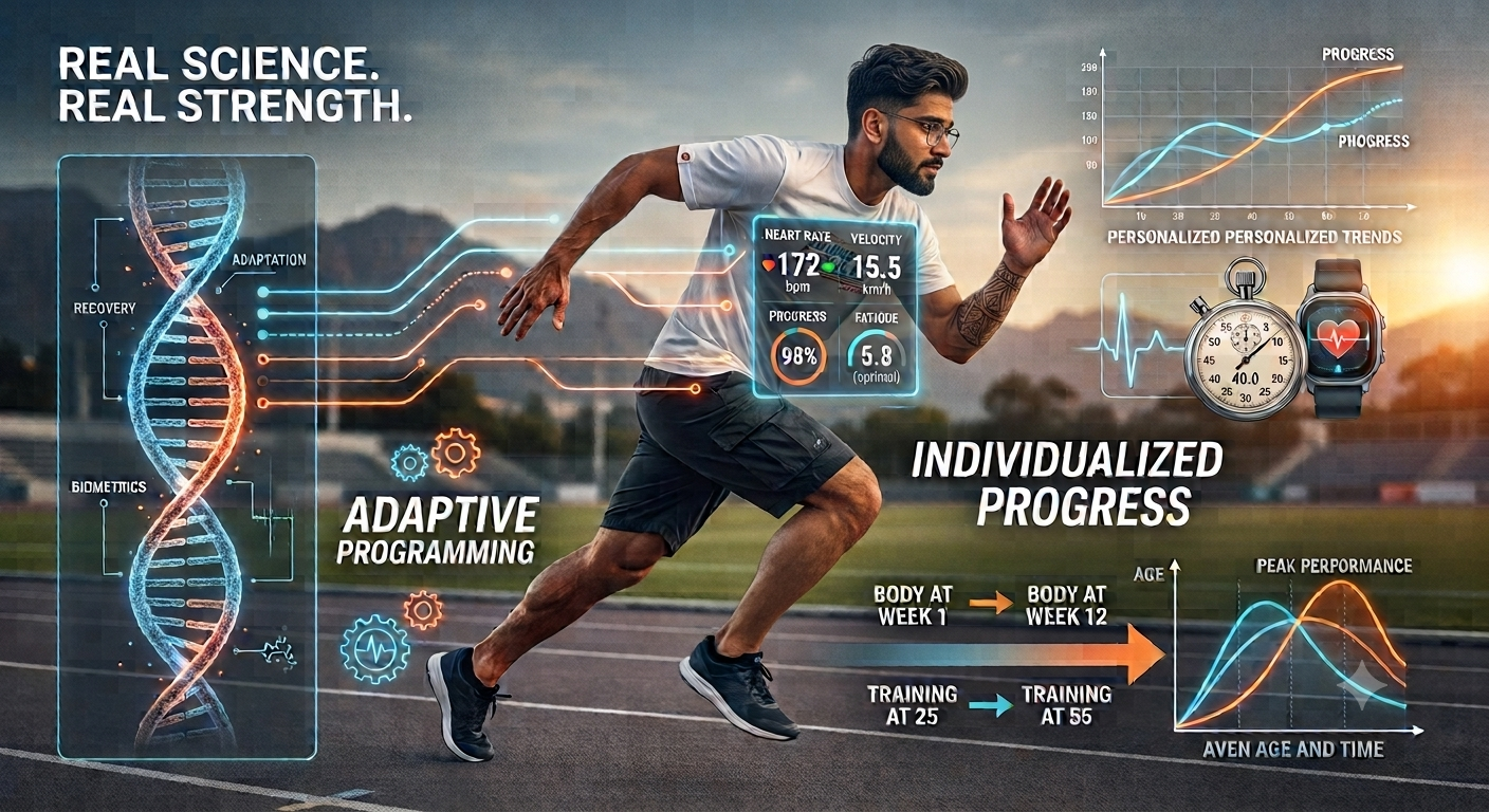 Runner surrounded by graphics illustrating adaptive programming and individualized progress