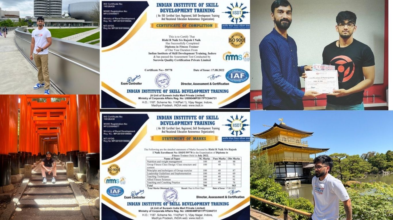 Rishi's travel, fitness training and professional certification collage