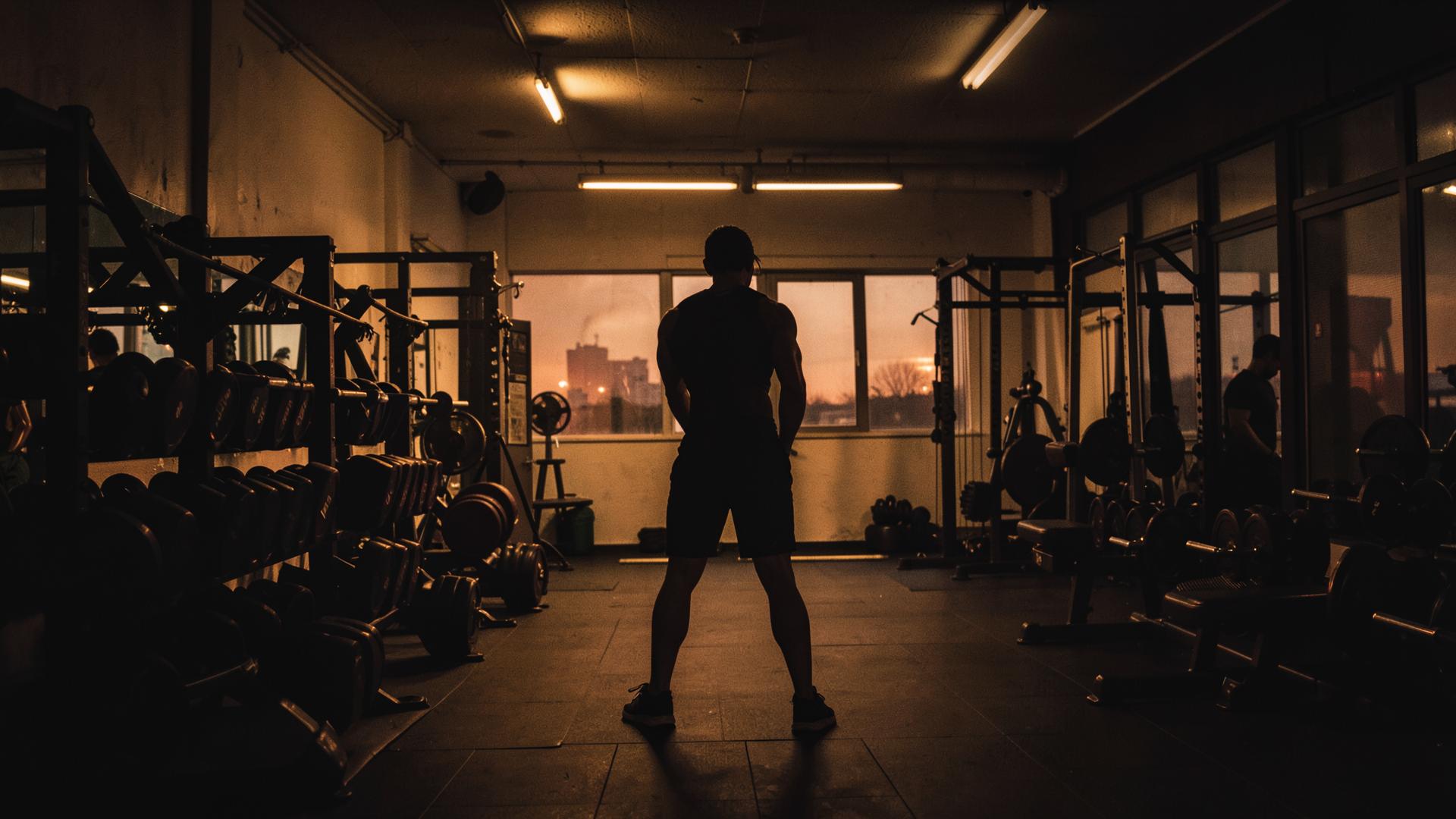 Moody, warm-lit gym interior at dusk
